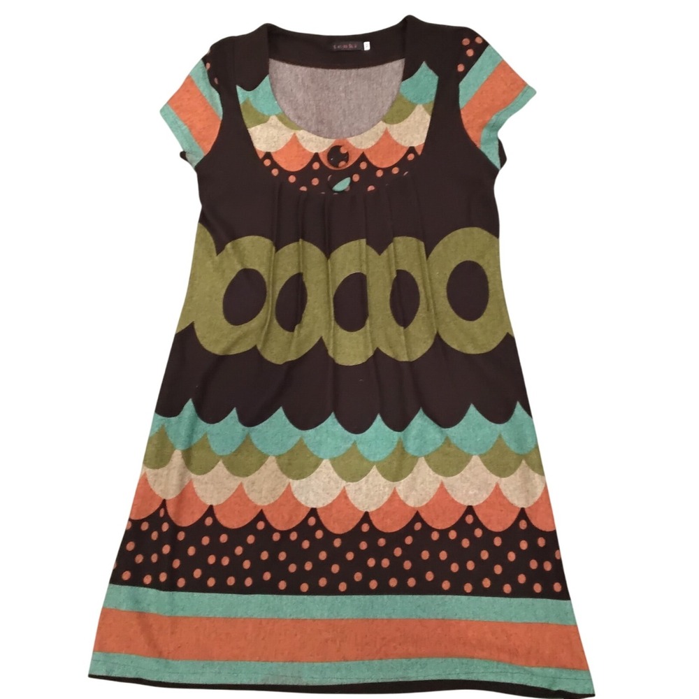 Tenki Womens Dress Medium Brown Colorful Retro Mod‎ A Line Short Sleeve